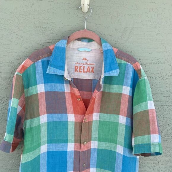 Tommy Bahama Relax SZ L Short Sleeve Pastel Plaid 100% Linen Shirt - Picture 3 of 11